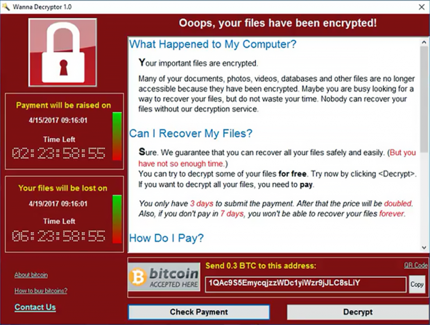 Wcry ransomware顯示的Wanna Decryptor解密窗格